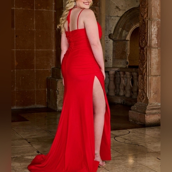 Rachel Allan 70289W red ruched beaded tie v-neck slit prom formal pageant dress - Picture 3 of 5